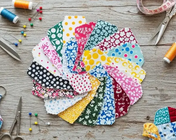 Telas de colores y patrones vibrantes, tijeras, hilos y alfileres listos para dar vida a proyectos de costura creativa.