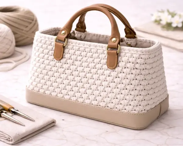 Bolso tejido a mano con asas de cuero. La tela para bolsos es de color crema, con base de cuero beige. A su lado, ovillos de lana y herramientas de costura.
