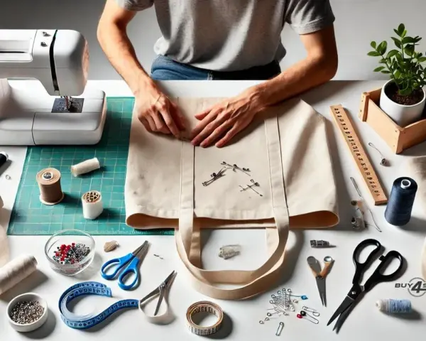 Manos cosiendo un bolso de mano de tela, con máquina de coser, hilos, tijeras y alfileres.