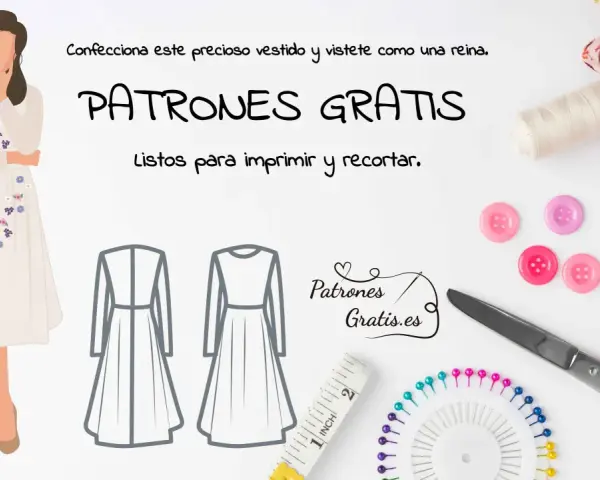 Ilustración de un vestido con flores, patrones de vestidos, tijeras, botones y cinta métrica.