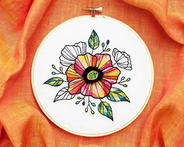Hermoso bordado de flores coloridas y hojas, ideal como patrones de flores para bordar e imprimir.