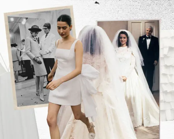 Ideas para decorar vestidos: collage de moda con vestidos blancos, novias y un desfile vintage.