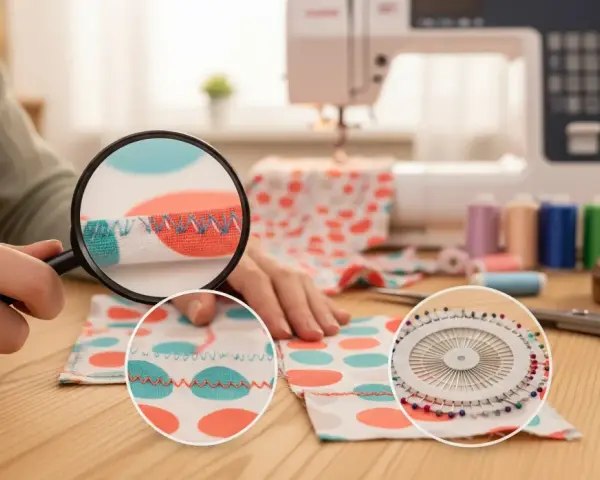 Detalle de puntadas de zigzag en tela con lunares, ideal para aprender como coser tul a mano. Máquina de coser y hilos de colores al fondo.