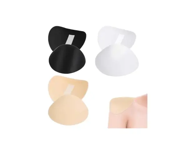 Variedad de tipos de hombreras en negro, blanco y beige. Una imagen muestra cómo se colocan en el hombro.