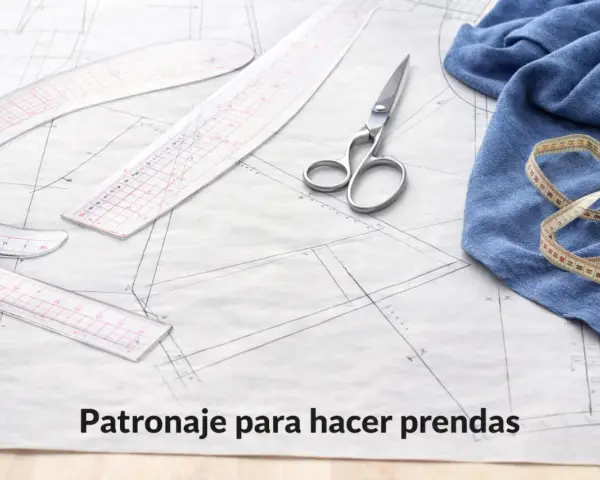Patronaje para hacer prendas. Tijeras, reglas de costura y tela sobre un patrón. Todo lo que necesitas en una mercería.