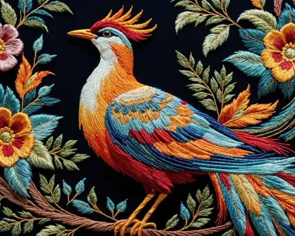 Pájaro vibrante rodeado de flores y hojas, un ejemplo de bordados modernos llenos de color y detalle.