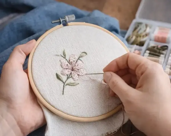Manos delicadas bordando una flor con hilo rosa y verde sobre tela clara, usando un bastidor. A un lado, una caja con carretes de hilo.