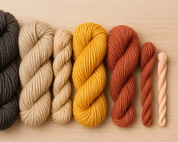 Ovillos de lana de diferentes grosores y colores: gris oscuro, beige, amarillo mostaza, terracota y rosa pálido. El hilo parece ser de lana, de que esta hecho el hilo.