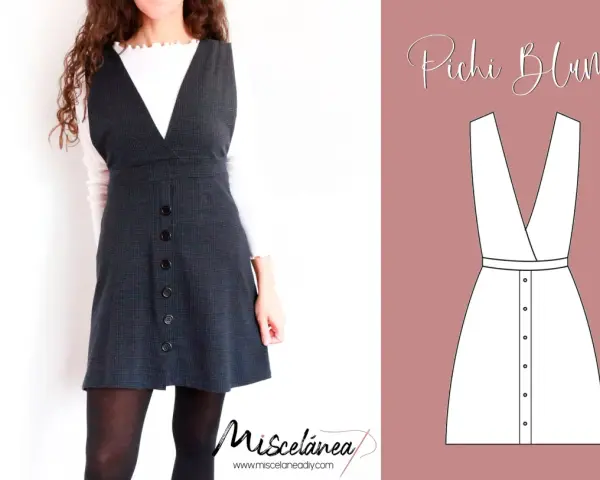 Patrón de pichi mujer con botones frontales y escote en V. Ideal para crear un look moderno y chic.