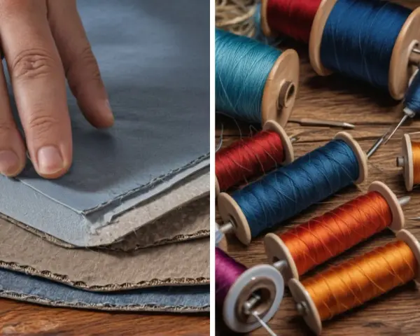 Mano sobre telas azules y marrones, junto a carretes de hilo de colores vibrantes, listos para aprender como coser un agujero a mano.