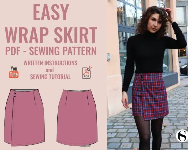 Patrón de falda pareo fácil, con instrucciones escritas y tutorial de costura en PDF. Una modelo luce una falda a cuadros.