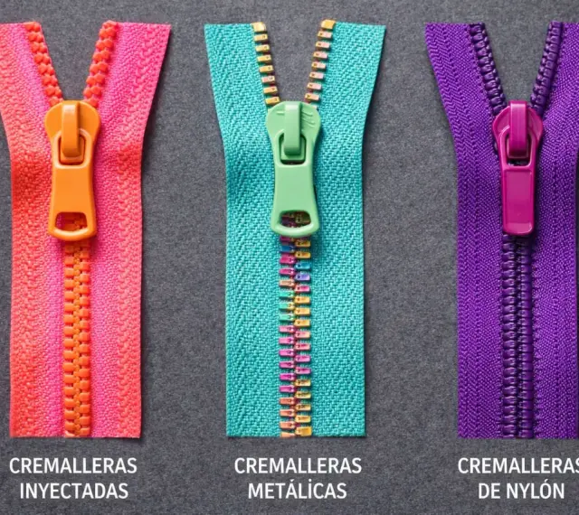 Tres tipos de cremalleras: inyectadas (naranja/rosa), metálicas (verde/multicolor) y de nylon (morado).