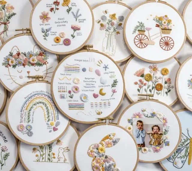 Colección de aros de bordado con diseños de flores, animales y arcoíris. Muestran puntadas sencillas y son perfectos para principiantes.