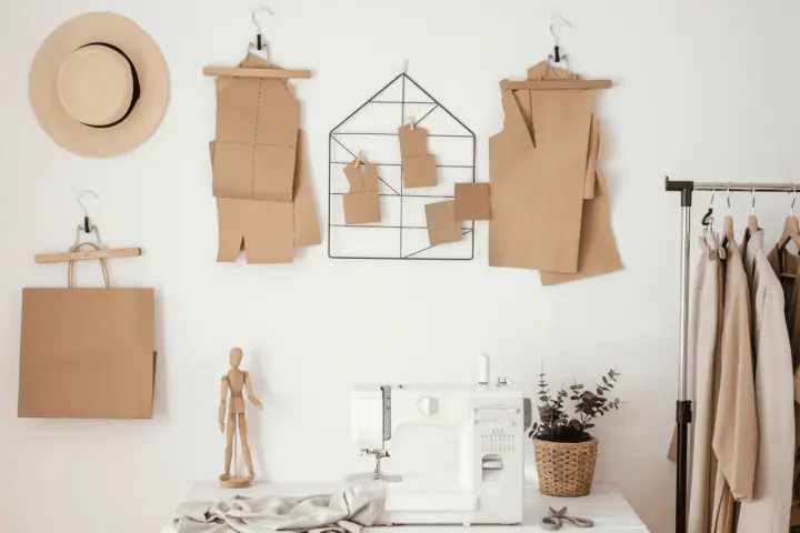 Patrones de papel marrón colgados en la pared, como se llama el papel para hacer patrones. Máquina de coser y ropa en un perchero.