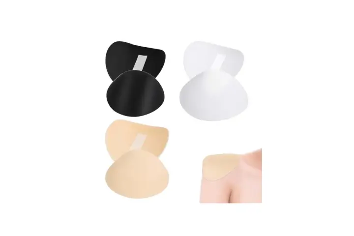 Variedad de tipos de hombreras en negro, blanco y beige. Una imagen muestra cómo se colocan en el hombro.