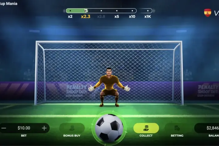 Estrategia y azar en el juego de penaltis online: qué es real. Un portero se prepara en un campo de fútbol virtual, listo para detener un penalti.