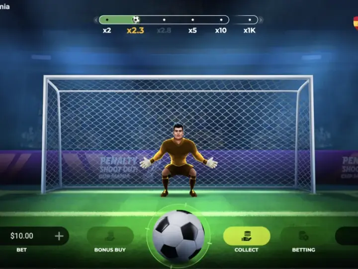 Estrategia y azar en el juego de penaltis online: qué es real. Un portero se prepara en un campo de fútbol virtual, listo para detener un penalti.