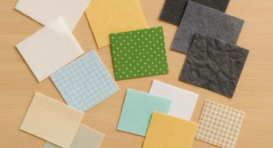 Variedad de retazos de tela, algunos con estampados de puntos y cuadros, otros lisos en tonos pastel y grises. Un tejido fuerte empleado para entretelas.
