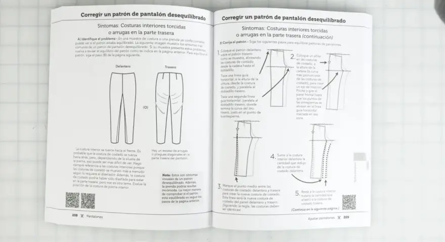 Diagramas de costura para ajustar patrones de pantalones desequilibrados, mostrando cómo corregir costuras torcidas y arrugas.