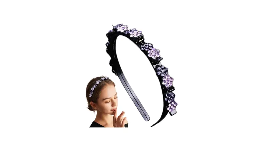 Diadema negra con flores de pedrería morada, ideal para peinados elegantes. Aprende como hacer diademas con puntillas para un toque chic.