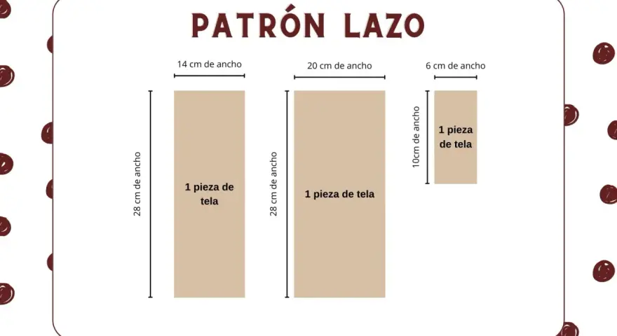 Patrón para crear lazos de cinta para niñas. Muestra tres piezas de tela con medidas: 28x14 cm, 28x20 cm y 10x6 cm.