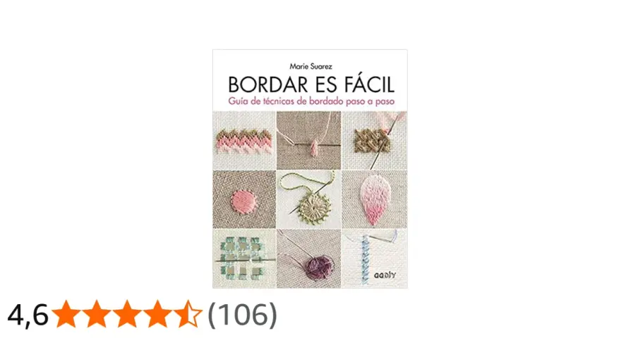 Muestra de libro "Bordar es Fácil" con diversos patrones de hojas bordadas y técnicas paso a paso.