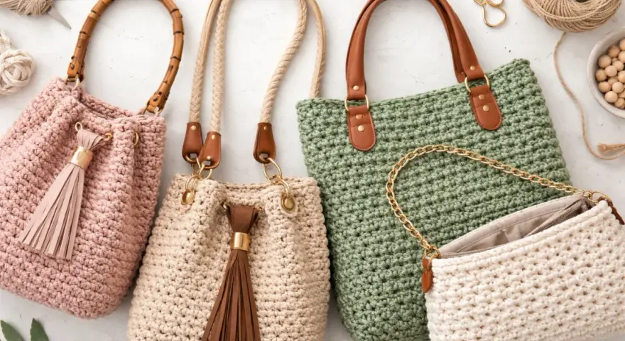 Bolsos de ganchillo con borlas y asas de cuero. Un bolso verde grande y uno blanco pequeño con cadena dorada. La costura provisional a punto largo es visible en todos.