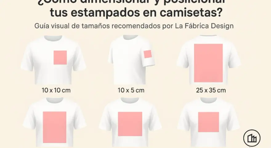 Guía visual de dónde poner el logo en una camiseta. Muestra diferentes tamaños y ubicaciones para estampados en camisetas blancas.