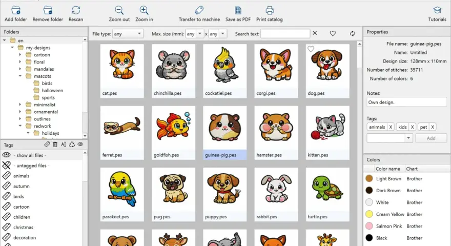 Organizador de bordados con diseños de animales. El archivo dst "guinea-pig.pes" se muestra en el panel de vista previa.