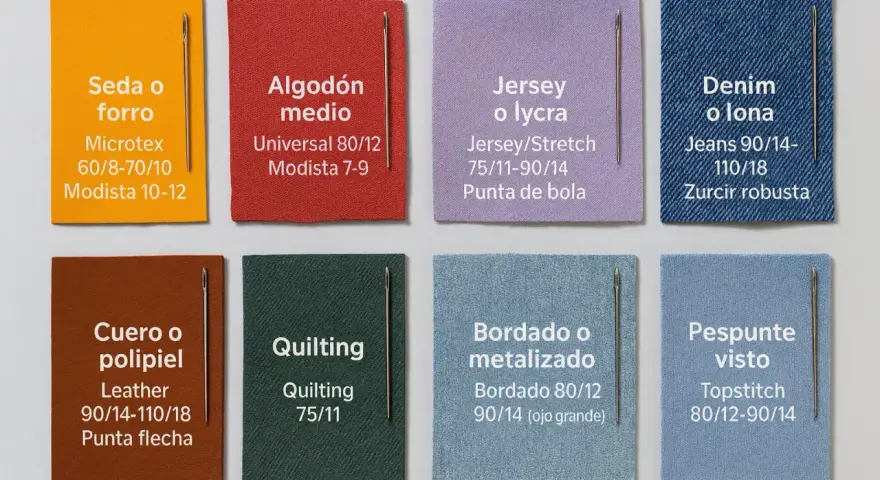 Muestras de tela con diferentes tipos de agujas para costura: seda, algodón, jersey, denim, cuero, quilting, bordado y pespunte.