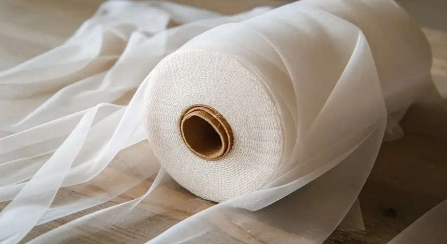 Rollo de organza blanca, mostrando diferentes tipos de organza para manualidades y decoración.