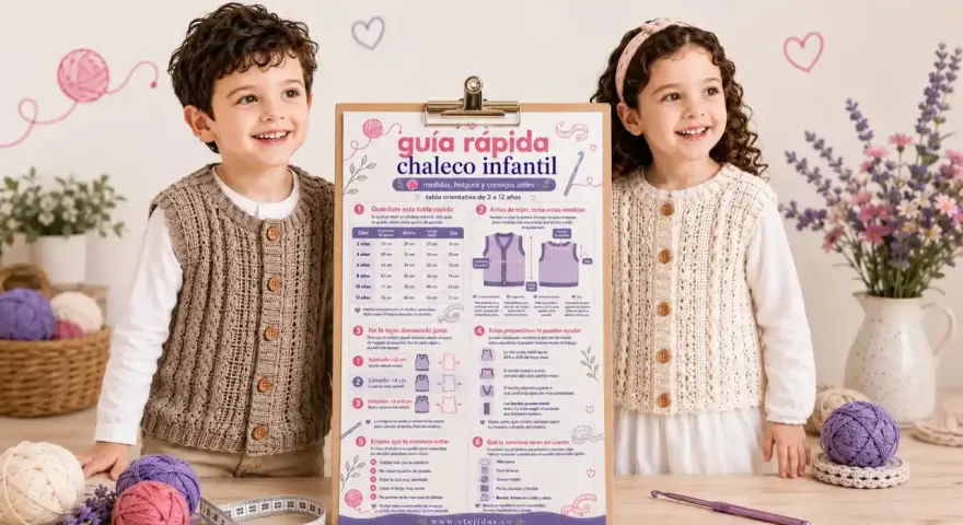 Niños sonriendo, uno con chaleco tejido marrón, otro con chaleco tejido crema. Un cartel muestra la guía rápida de patron chaleco niño.