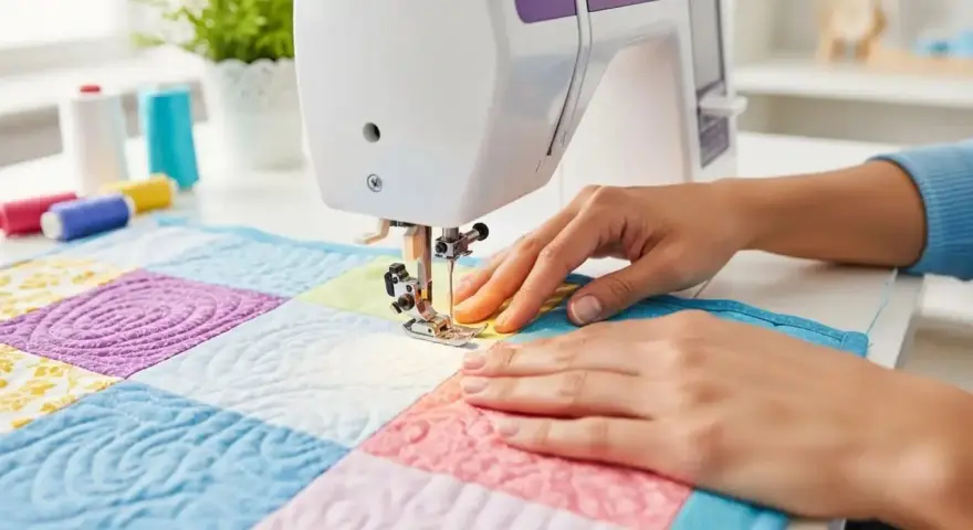 Manos cosiendo un quilt colorido con máquina de coser. La tela waterproof se ve resistente y lista para cualquier proyecto.