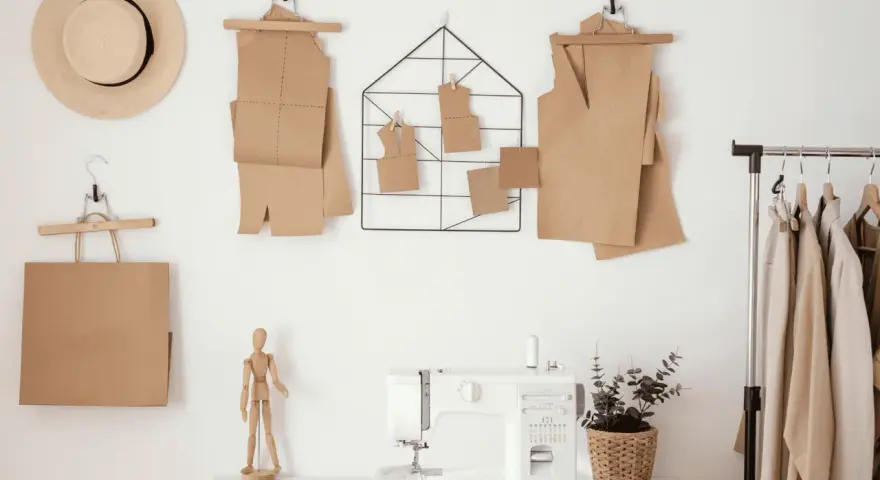 Patrones de papel marrón colgados en la pared, como se llama el papel para hacer patrones. Máquina de coser y ropa en un perchero.