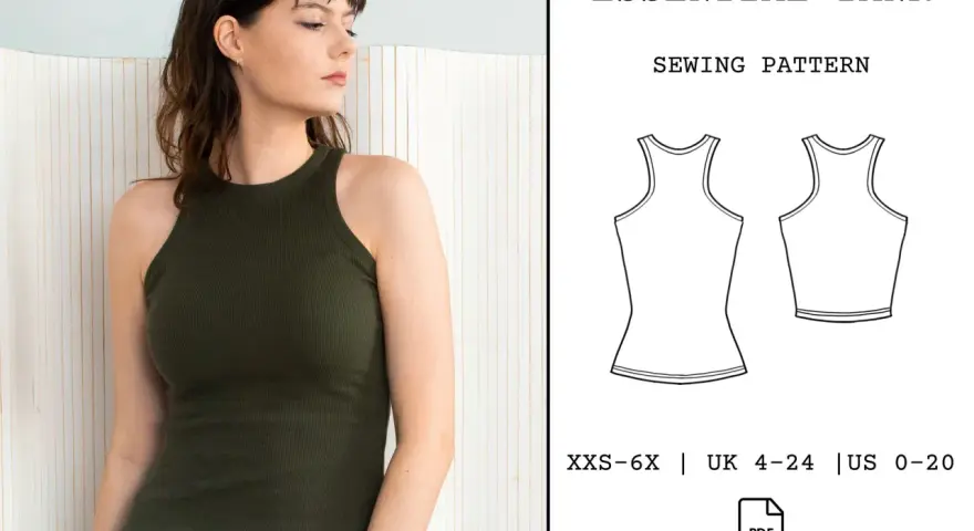 Patron camiseta tirantes mujer "Essential Tank". Incluye tallas XXS-6X, UK 4-24, US 0-20.