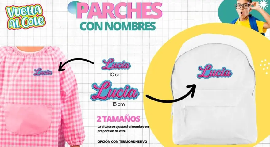 Parches con nombres bordados para pegar con plancha. Personaliza tu ropa y mochila con el nombre "Lucia" en dos tamaños. ¡Vuelta al cole fácil!