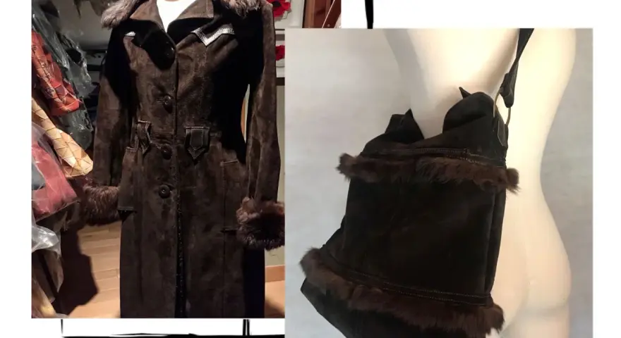 Abrigo largo de gamuza marrón con detalles de pelo, ideal para aprender como tunear un abrigo viejo y darle un toque único.