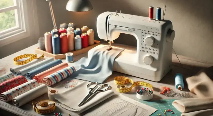 Máquina de coser, hilos de colores, telas y tijeras listos para coser ropa.