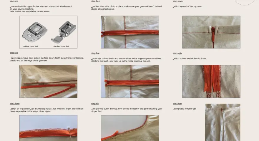 Guía paso a paso para **poner cremallera** invisible en prendas de vestir, mostrando los accesorios de costura y el proceso de sujeción y costura.