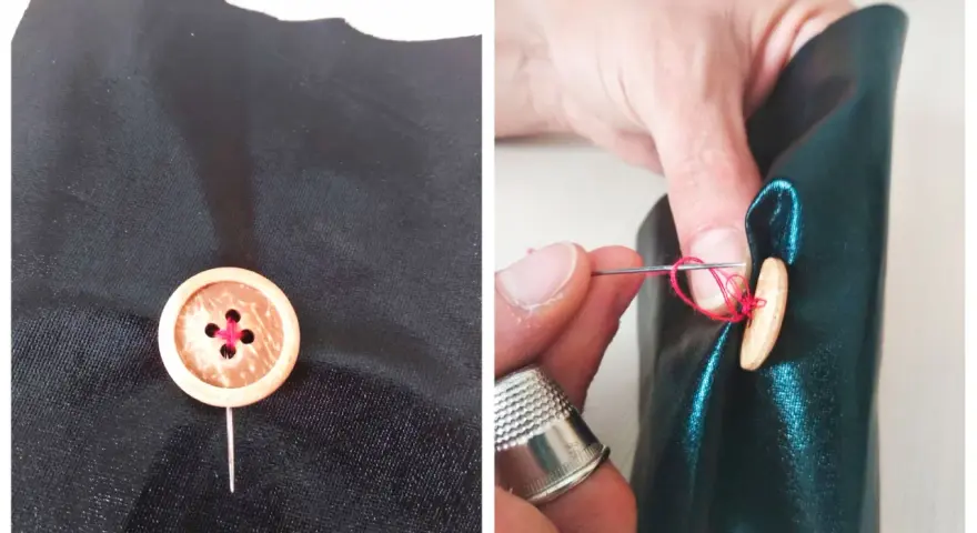 Demostración de cómo coser un botón de madera a tela negra con hilo rojo. Se ve el botón ya fijado y luego el proceso de coserlo.