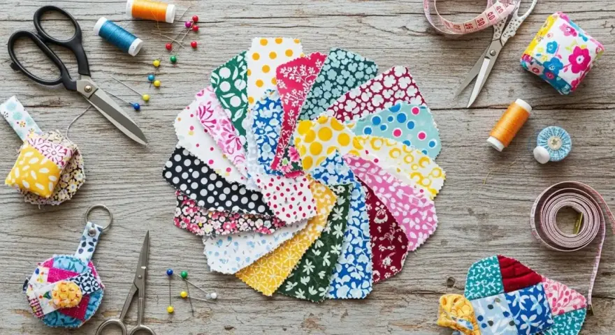 Telas de colores y patrones vibrantes, tijeras, hilos y alfileres listos para dar vida a proyectos de costura creativa.