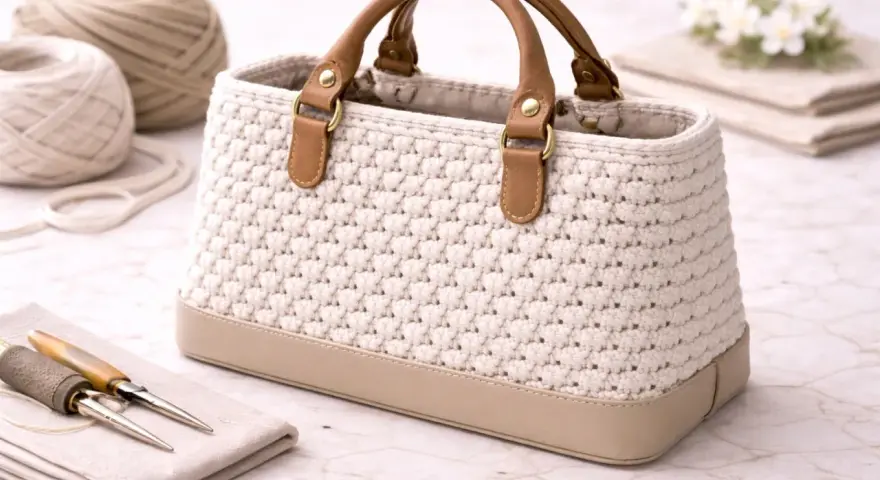 Bolso tejido a mano con asas de cuero. La tela para bolsos es de color crema, con base de cuero beige. A su lado, ovillos de lana y herramientas de costura.
