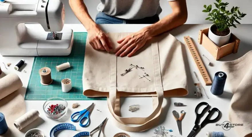 Manos cosiendo un bolso de mano de tela, con máquina de coser, hilos, tijeras y alfileres.