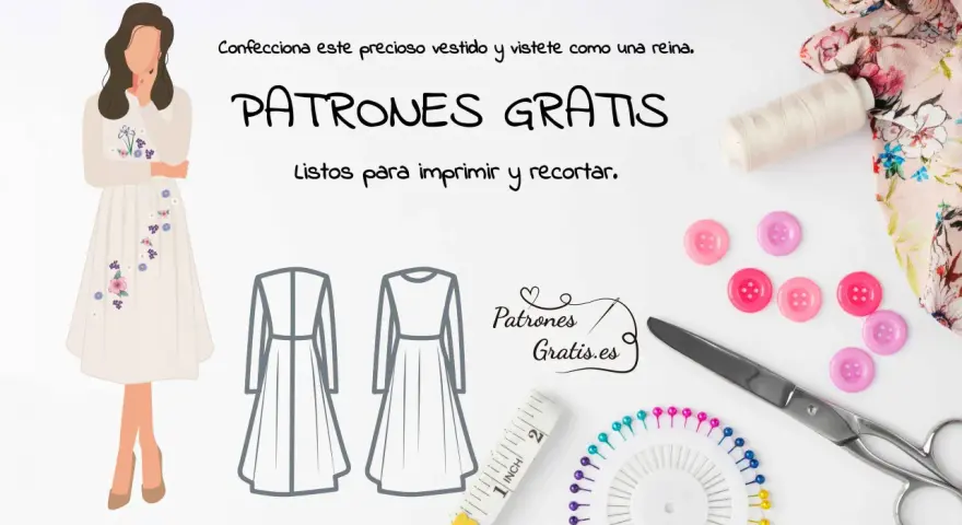 Ilustración de un vestido con flores, patrones de vestidos, tijeras, botones y cinta métrica.
