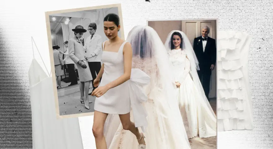 Ideas para decorar vestidos: collage de moda con vestidos blancos, novias y un desfile vintage.
