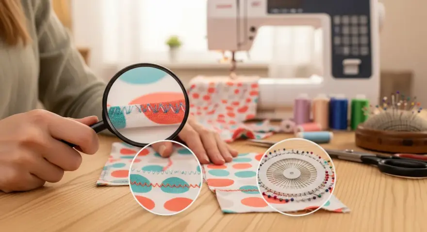 Detalle de puntadas de zigzag en tela con lunares, ideal para aprender como coser tul a mano. Máquina de coser y hilos de colores al fondo.
