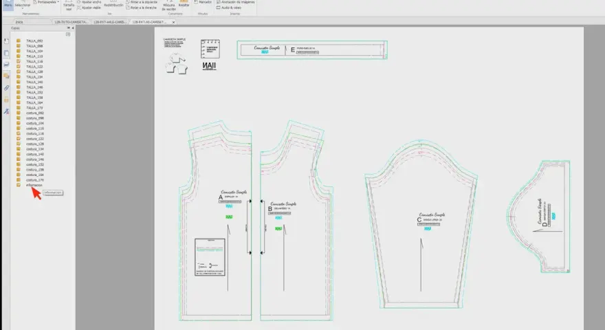 Patrones de costura gratis para imprimir de una camiseta simple, con diferentes tallas y piezas como espalda, delantero, manga larga y corta.