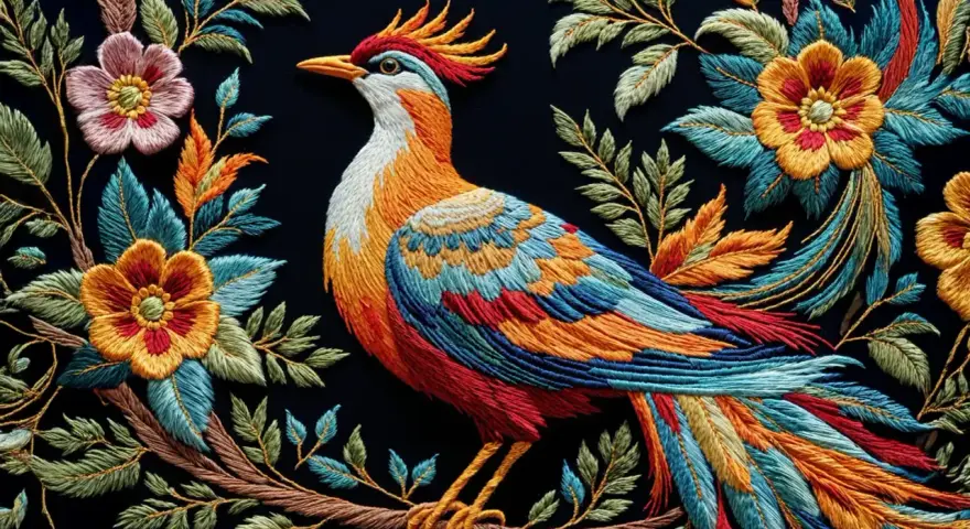Pájaro vibrante rodeado de flores y hojas, un ejemplo de bordados modernos llenos de color y detalle.