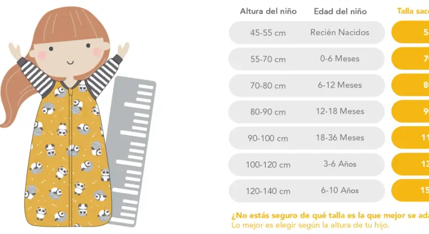Tabla de medidas patron saco bebe. Ilustración de niña con saco de dormir estampado de pandas y regla, junto a guía de tallas por altura y edad.