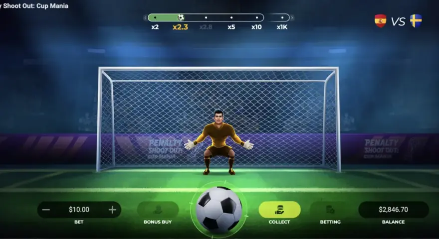 Estrategia y azar en el juego de penaltis online: qué es real. Un portero se prepara en un campo de fútbol virtual, listo para detener un penalti.